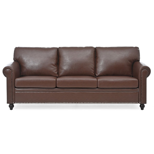 English Elm 3 Seater Roll Arm Pu Leather Sofa with Nail Trim Detail for Traditional Living Rooms Brown Pu W680P451462