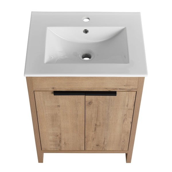 English Elm 24" Freestanding Bathroom Vanity with Ceramic Sink, Soft-Close Doors, Adjustable Shelf, Water-Resistant Finish W999S00099