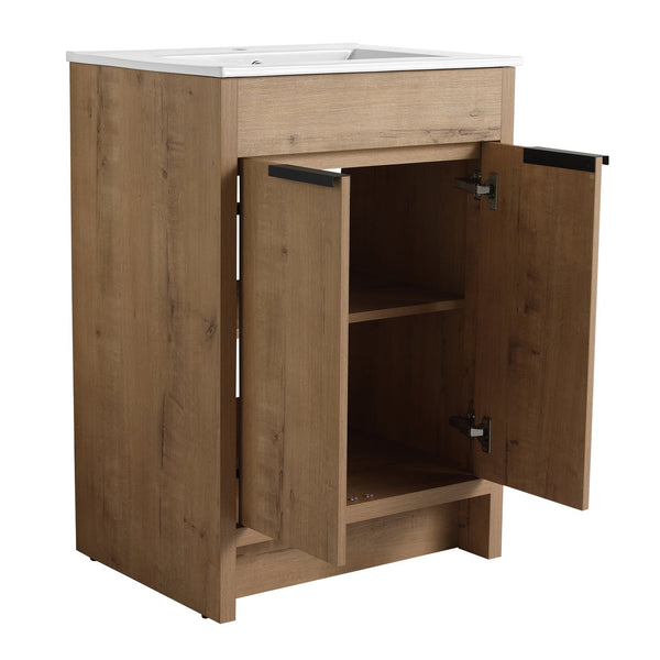 English Elm 24" Freestanding Bathroom Vanity with Ceramic Sink, Soft-Close Doors, Adjustable Shelf, Water-Resistant Finish W999S00099