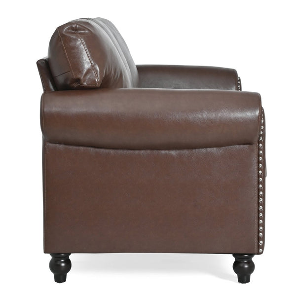 English Elm 3 Seater Roll Arm Pu Leather Sofa with Nail Trim Detail for Traditional Living Rooms Brown Pu W680P451462
