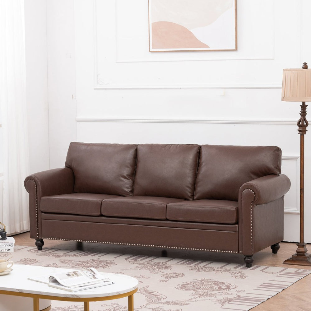 English Elm 3 Seater Roll Arm Pu Leather Sofa with Nail Trim Detail for Traditional Living Rooms Brown Pu W680P451462