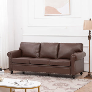 English Elm 3 Seater Roll Arm Pu Leather Sofa with Nail Trim Detail for Traditional Living Rooms Brown Pu W680P451462