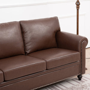 English Elm 3 Seater Roll Arm Pu Leather Sofa with Nail Trim Detail for Traditional Living Rooms Brown Pu W680P451462