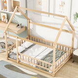 Hearth and Haven Full Size Floor Wooden Bed with House Roof Frame, Fence Guardrails , Natural W1791106620