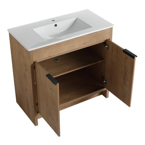 English Elm 36" Freestanding Bathroom Vanity with White Ceramic Sink, Soft-Close Doors, Adjustable Shelf, Scratch & Water-Resistant Finish W999S00101