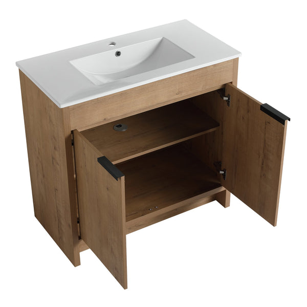English Elm 36" Freestanding Bathroom Vanity with White Ceramic Sink, Soft-Close Doors, Adjustable Shelf, Scratch & Water-Resistant Finish W999S00101