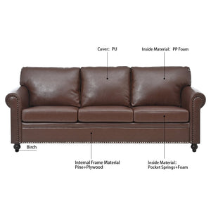 English Elm 3 Seater Roll Arm Pu Leather Sofa with Nail Trim Detail for Traditional Living Rooms Brown Pu W680P451462