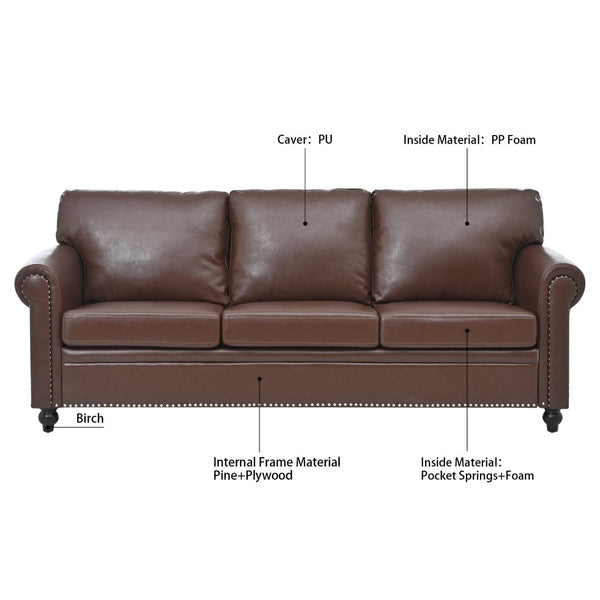 English Elm 3 Seater Roll Arm Pu Leather Sofa with Nail Trim Detail for Traditional Living Rooms Brown Pu W680P451462