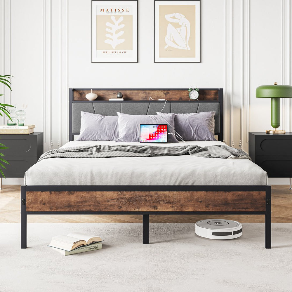 English Elm Queen Upholstered Platform Bed Frame with Storage Headboard, USB/Outlet Charging Station, 500lb Stability W840120029