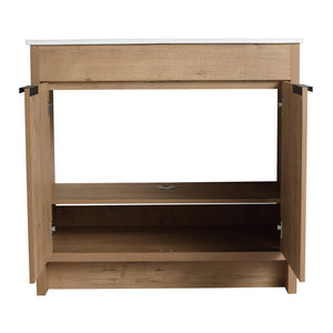 English Elm 36" Freestanding Bathroom Vanity Cabinet with Adjustable Shelf, Soft-Close Doors & Metal Handles, Water-Resistant Plywood Finish W999113510