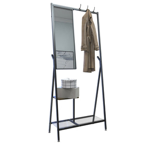 English Elm Coat Rack Hall Tree with Mirror and Shoe Storage, Aluminum Frame, Industrial Rustic Brown Black W708P379365