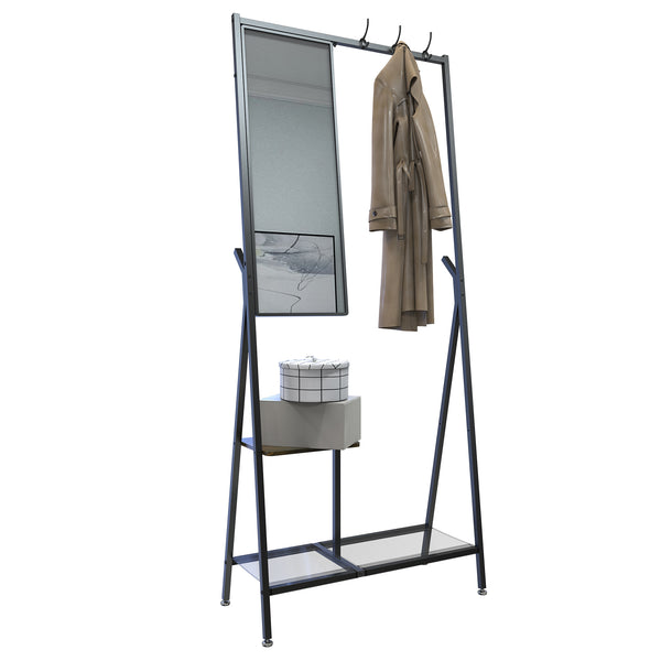 English Elm Coat Rack Hall Tree with Mirror and Shoe Storage, Aluminum Frame, Industrial Rustic Brown Black W708P379365