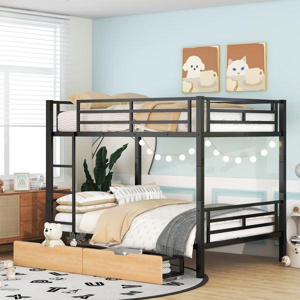 English Elm Metal Full Size Convertible Bunk Bed with 2 Drawers, Black – Space-Saving Sturdy Metal Frame, Ladder, 450lb Upper Capacity, Modern Design GX001518AAB