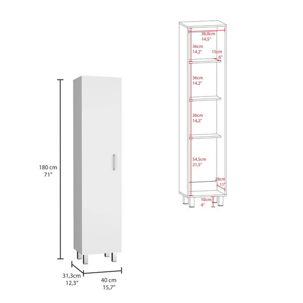 English Elm Vintro White Storage Cabinet with Broom Hangers, Metal Legs & 4 Shelves for Organized Living B20092126