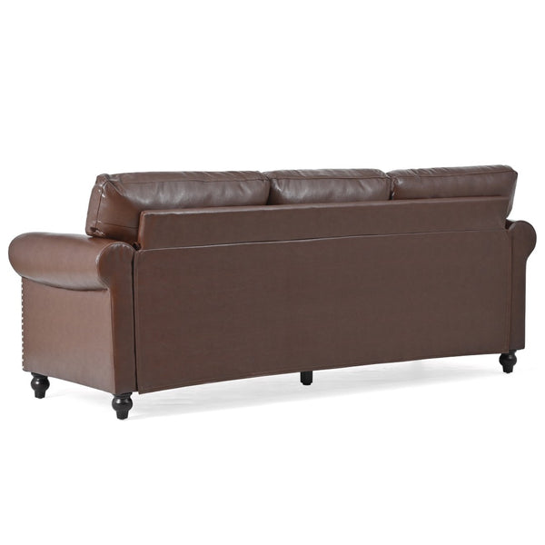 English Elm 3 Seater Roll Arm Pu Leather Sofa with Nail Trim Detail for Traditional Living Rooms Brown Pu W680P451462