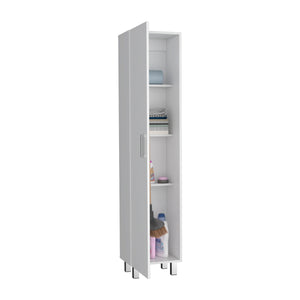English Elm Vintro White Storage Cabinet with Broom Hangers, Metal Legs & 4 Shelves for Organized Living B20092126