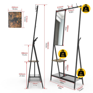 English Elm Coat Rack Hall Tree with Mirror and Shoe Storage, Aluminum Frame, Industrial Rustic Brown Black W708P379365