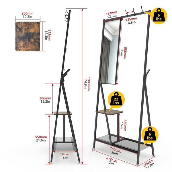 English Elm Coat Rack Hall Tree with Mirror and Shoe Storage, Aluminum Frame, Industrial Rustic Brown Black W708P379365