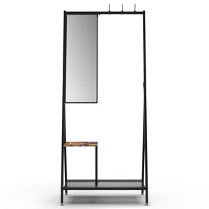 English Elm Coat Rack Hall Tree with Mirror and Shoe Storage, Aluminum Frame, Industrial Rustic Brown Black W708P379365