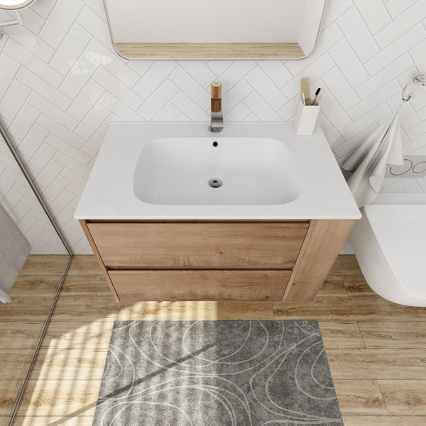 English Elm 30" Wall Mounting Bathroom Vanity Gel Sink with Soft-Close Drawers, Side Shelf, Scratch-Resist Finish Imitative Oak W999102534