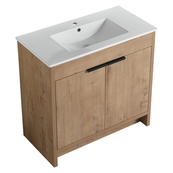 English Elm 36" Freestanding Bathroom Vanity with White Ceramic Sink, Soft-Close Doors, Adjustable Shelf, Scratch & Water-Resistant Finish W999S00101