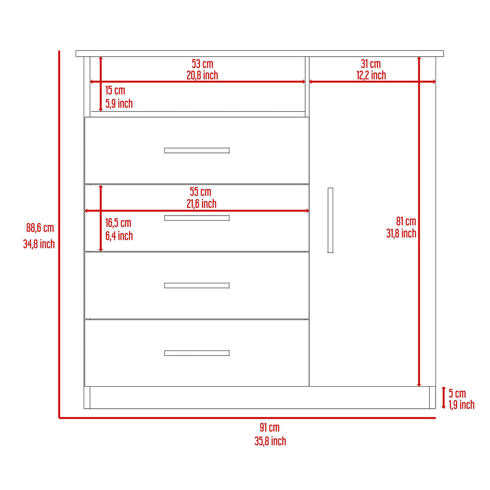 English Elm Peru 4-Drawer Dresser White with Single Door Cabinet, Open Shelf & Superior Top for Extra Storage B070S00067