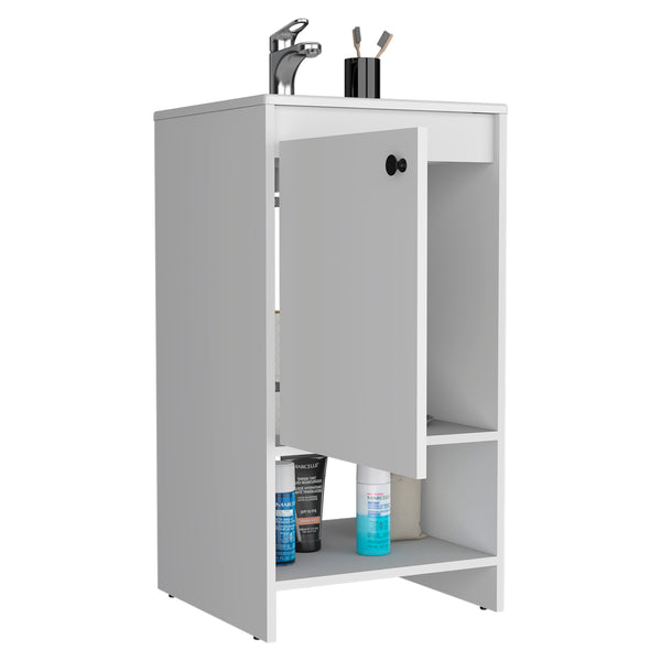 English Elm Jane Compact Bathroom Vanity Cabinet 17.7"W x 33.5"H White Particleboard Single Door Storage, Open Shelf B200S00039