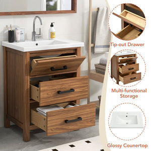 English Elm 24'' 24" Bathroom Vanity with Ceramic Basin, Vintage Wood Grain Gloss Countertop, 3-Drawer Storage Cabinet N710P243315P