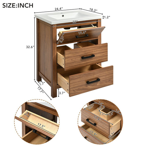 English Elm 24'' 24" Bathroom Vanity with Ceramic Basin, Vintage Wood Grain Gloss Countertop, 3-Drawer Storage Cabinet N710P243315P