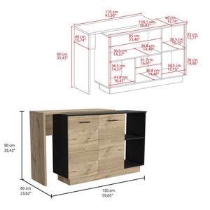 English Elm Sicilia Kitchen Island with Double Door Cabinets, Two Open Shelves & Three Interior Shelves, Black Oak Finish Multicolor 47.5 L x 22 W x 6 H B200S00074