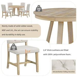 English Elm Trexm Retro Round Extendable Dining Set Acacia Veneer Table Four Tufted Chairs ST000094AAN