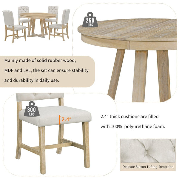 English Elm Trexm Retro Round Extendable Dining Set Acacia Veneer Table Four Tufted Chairs ST000094AAN