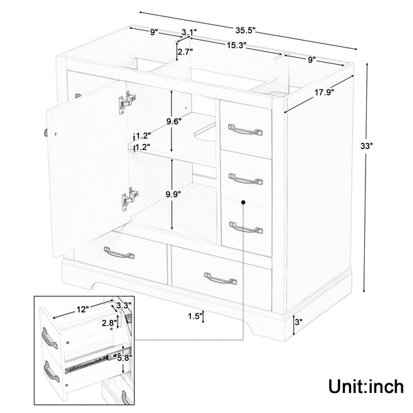 English Elm 36" Modern Bathroom Vanity Cabinet Base with Six Drawers, Adjustable Shelf & Drawer Organizer Green WF307973AAF