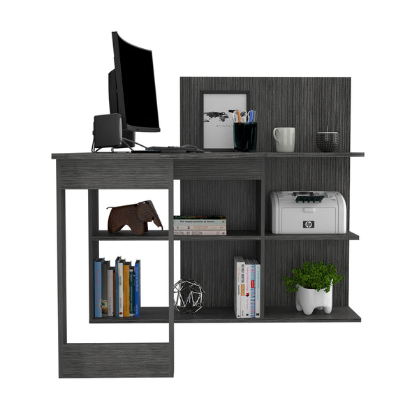 English Elm Masai L-Shaped Writing Desk With 5 Open Shelves In Smokey Oak - Modern Workspace Solution B070S00058