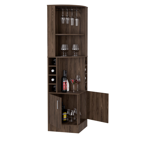 English Elm Syrah Espresso Corner Bar Cabinet with 8 Bottle Cubbies, 12-Glass Rack & Two External Shelves — Space-Saving Lounge Organizer B200P239599
