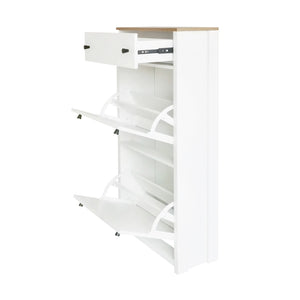 English Elm On-trend Slim Flip Drawer Shoe Cabinet Wood Grain Top Entryway Storage Modern White SD000023AAK