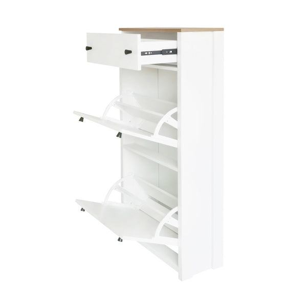English Elm On-trend Slim Flip Drawer Shoe Cabinet Wood Grain Top Entryway Storage Modern White SD000023AAK