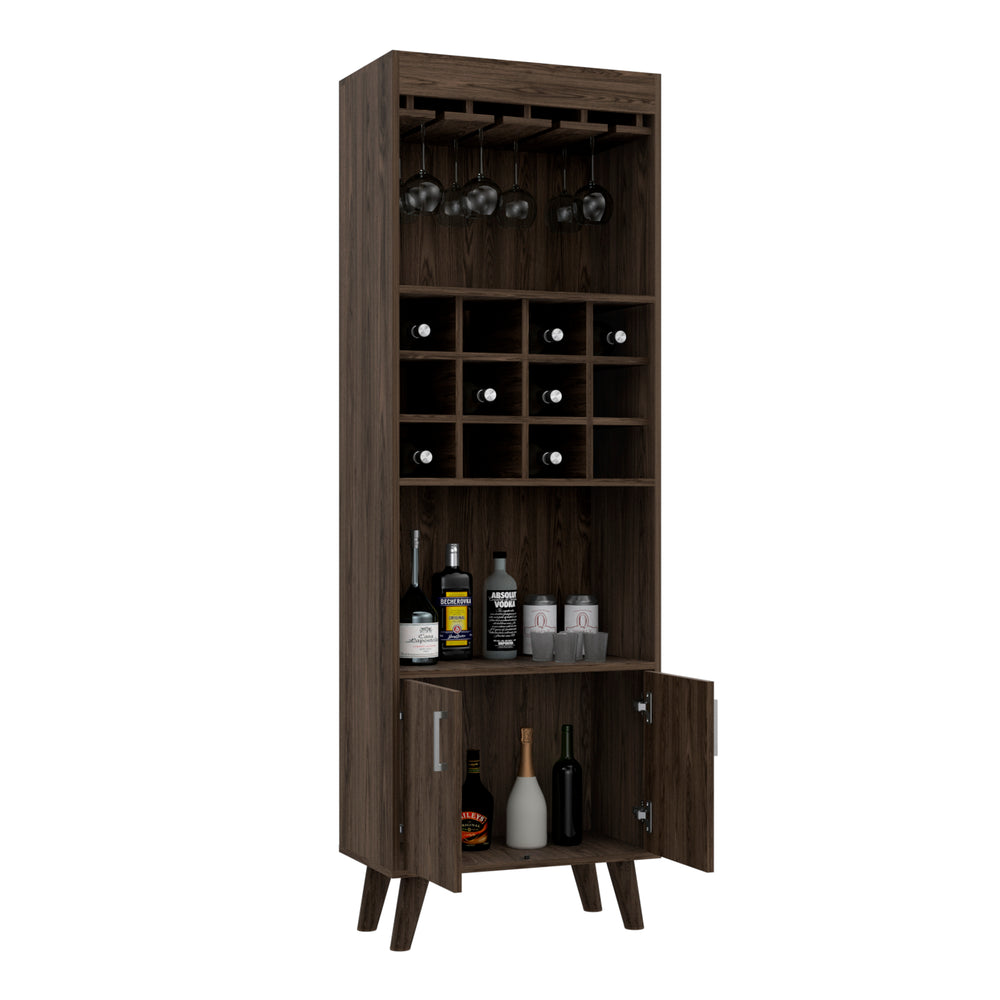 English Elm Oslo Dark Walnut Bar Cabinet with 12-Bottle Wine Rack, Double Doors, Two Shelves & Legs B200S00066