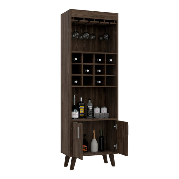 English Elm Oslo Dark Walnut Bar Cabinet with 12-Bottle Wine Rack, Double Doors, Two Shelves & Legs B200S00066