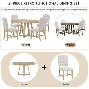 English Elm Trexm Retro Round Extendable Dining Set Acacia Veneer Table Four Tufted Chairs ST000094AAN