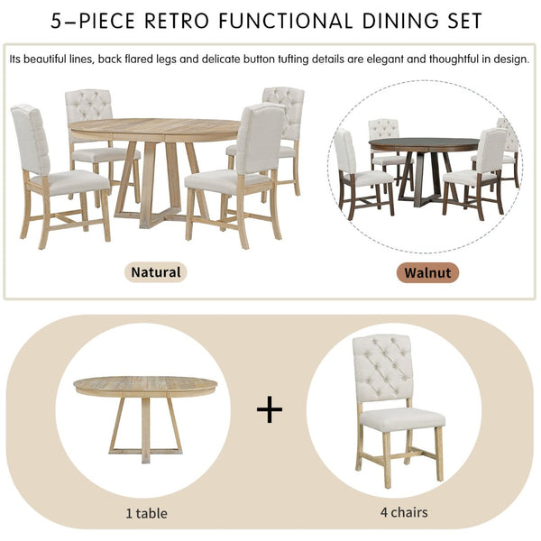 English Elm Trexm Retro Round Extendable Dining Set Acacia Veneer Table Four Tufted Chairs ST000094AAN