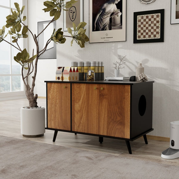 English Elm Litter Box Enclosure - Stylish Cat Furniture With Hidden Plug, Storage, And Triple-Door Access W42090255