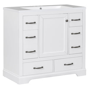 English Elm 36" Modern Bathroom Vanity with Ceramic Sink, Six Drawers, Adjustable Shelf, Solid Wood Build White SY999808AAK-6