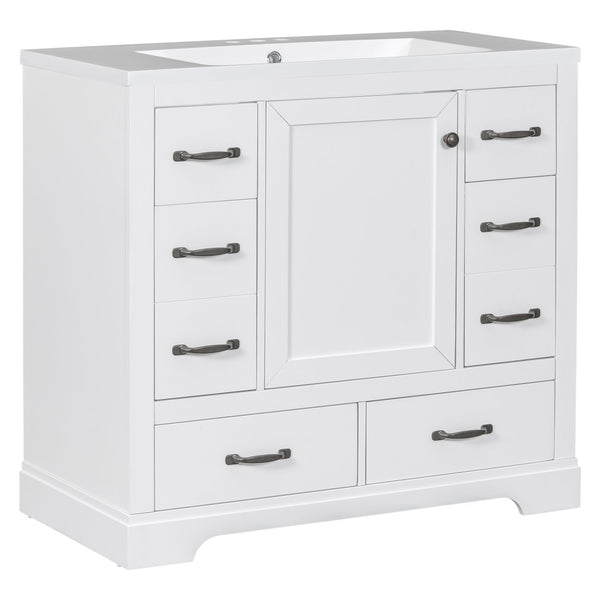 English Elm 36" Modern Bathroom Vanity with Ceramic Sink, Six Drawers, Adjustable Shelf, Solid Wood Build White SY999808AAK-6