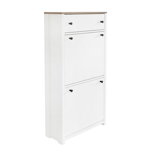 English Elm On-trend Slim Flip Drawer Shoe Cabinet Wood Grain Top Entryway Storage Modern White SD000023AAK