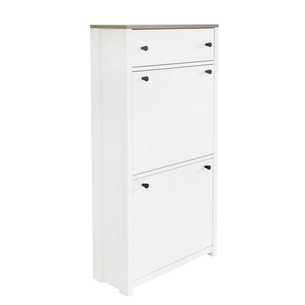 English Elm On-trend Slim Flip Drawer Shoe Cabinet Wood Grain Top Entryway Storage Modern White SD000023AAK