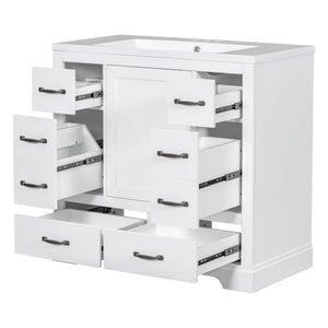 English Elm 36" Modern Bathroom Vanity with Ceramic Sink, Six Drawers, Adjustable Shelf, Solid Wood Build White SY999808AAK-6
