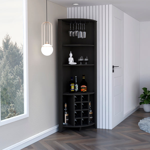 English Elm Essential Corner Bar Cabinet with Wine Rack & Cup Holders, Space-Saving Three-Tier Storage Solution Black 74 L x 24 W x 3 H B200S00406