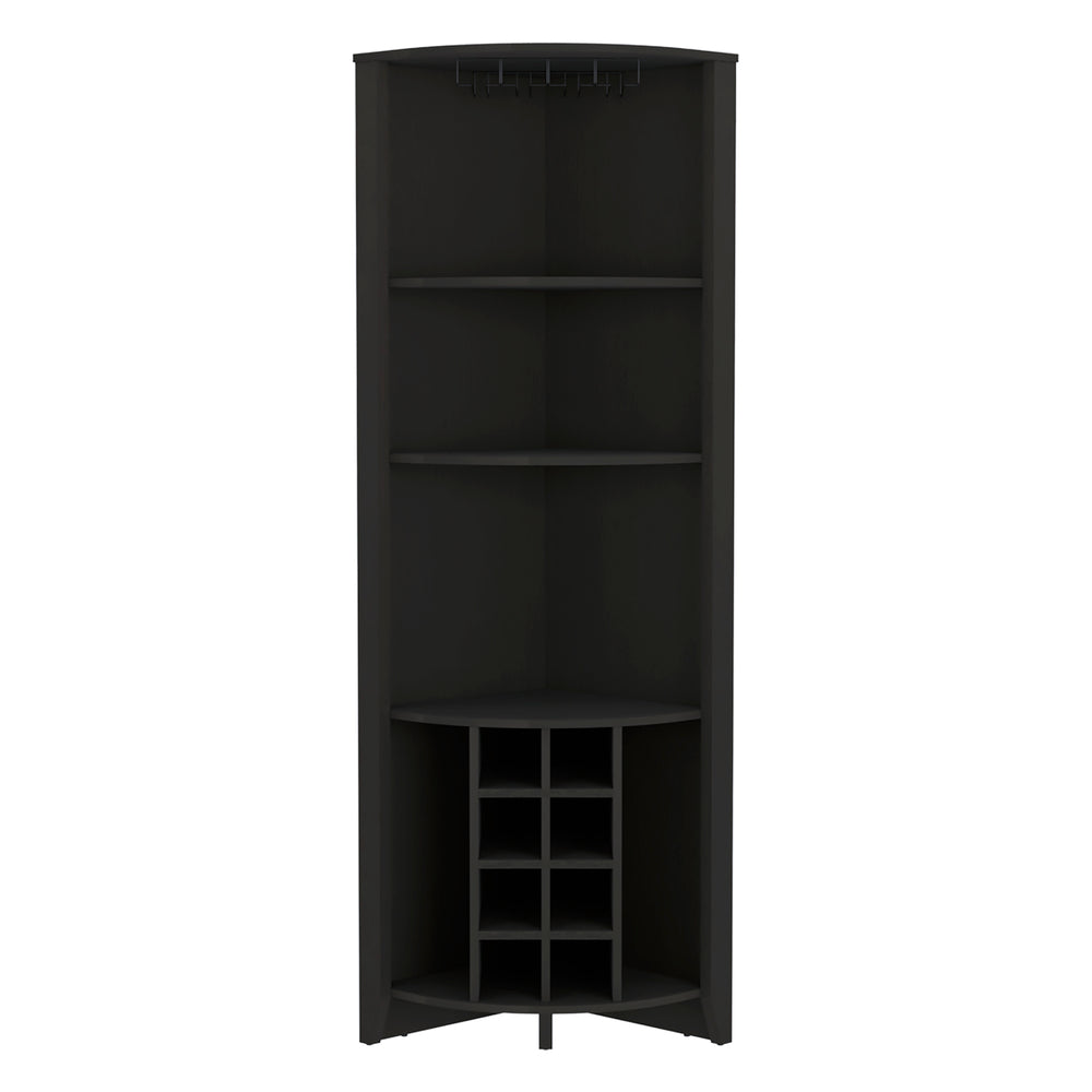 English Elm Essential Corner Bar Cabinet with Wine Rack & Cup Holders, Space-Saving Three-Tier Storage Solution Black 74 L x 24 W x 3 H B200S00406