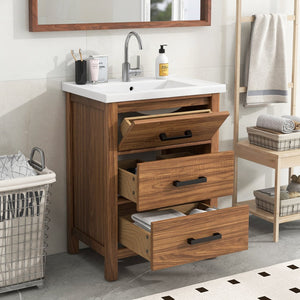 English Elm 24'' 24" Bathroom Vanity with Ceramic Basin, Vintage Wood Grain Gloss Countertop, 3-Drawer Storage Cabinet N710P243315P